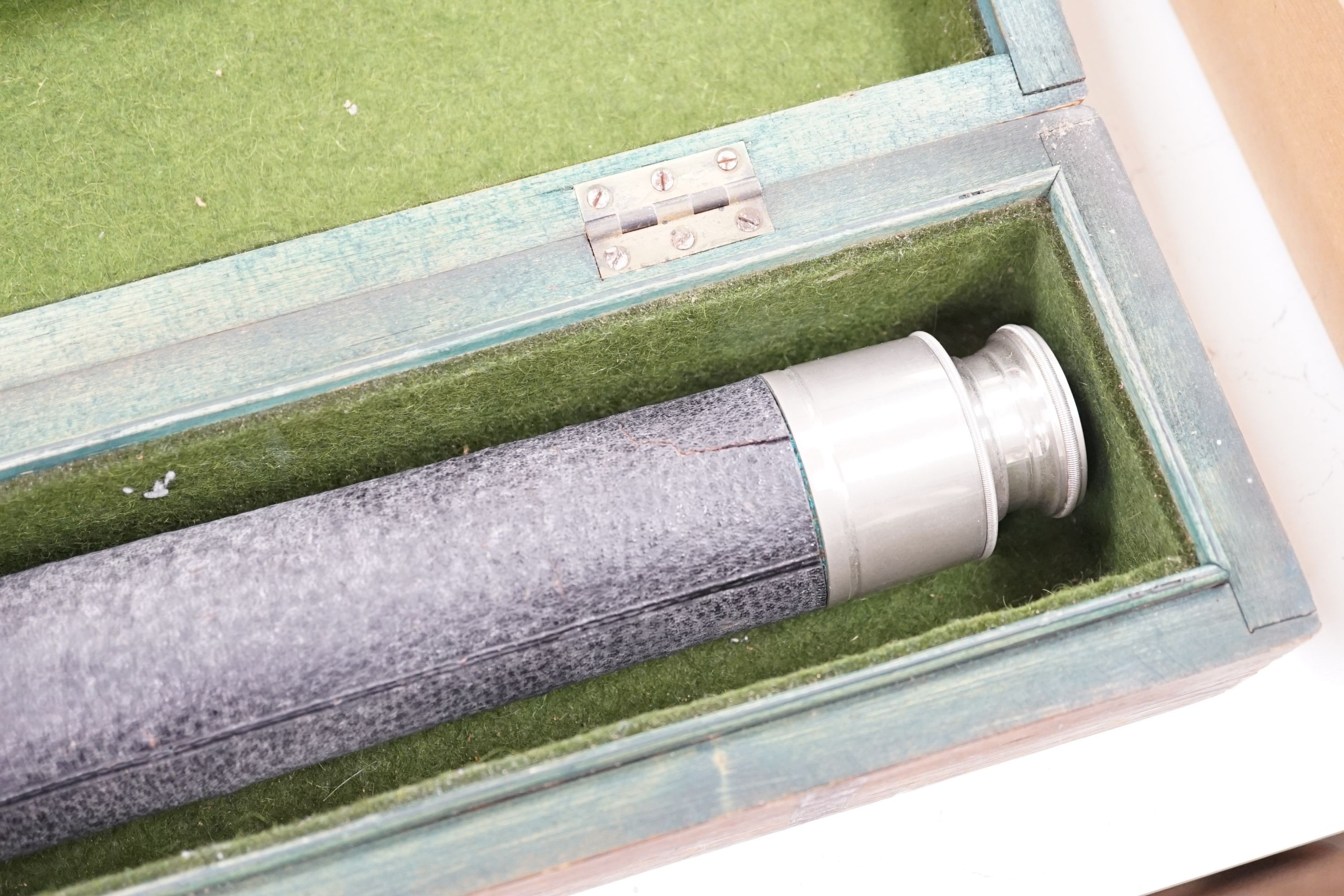 An early 20th century Voigtlander & Sohn A-G Braunschweig 36 x telescope, No. 16871, in pine box, overall boxed width 93cms.